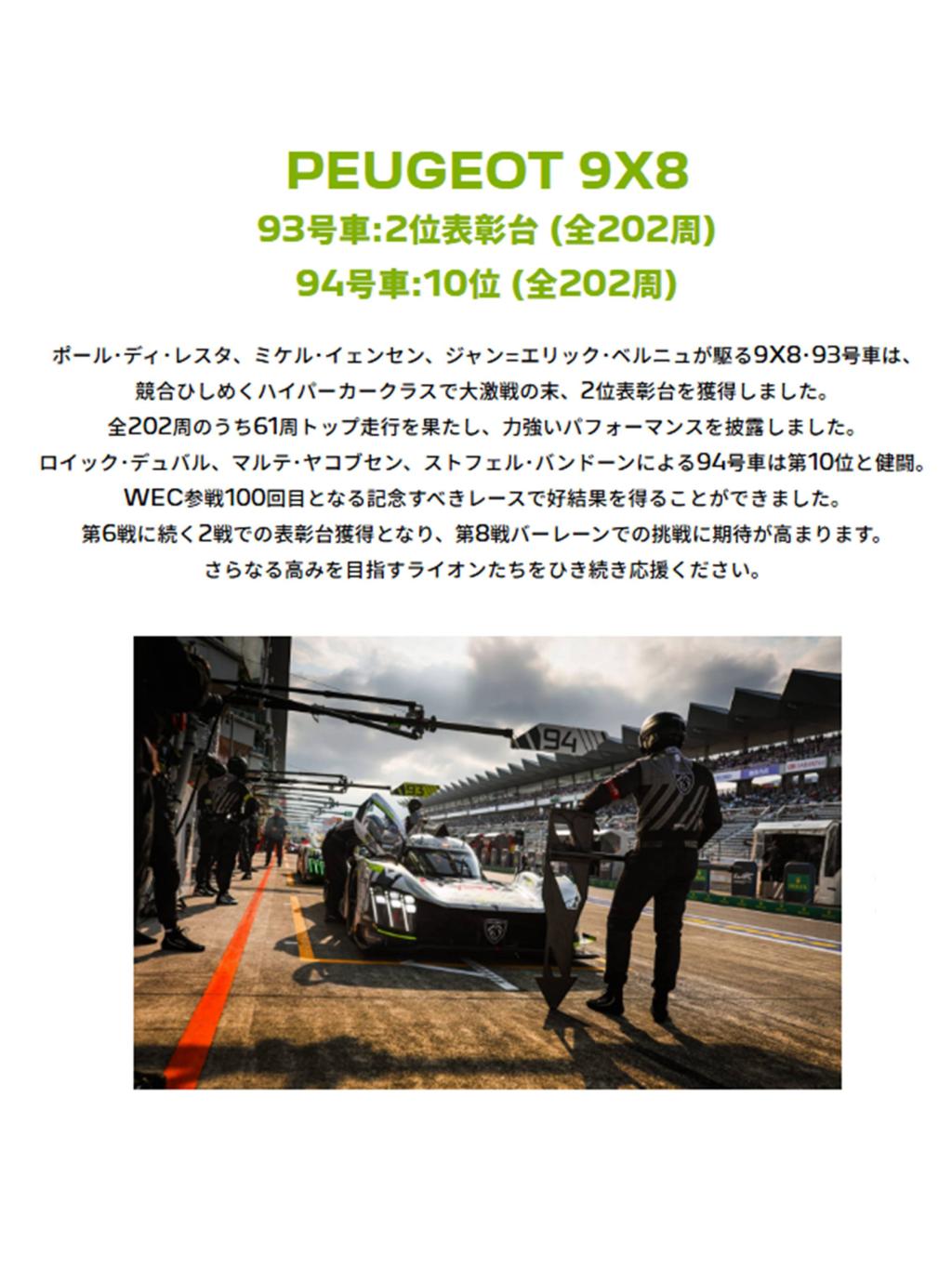 🏁 PEUGEOT 9X8、WEC富士で2位表彰台獲得！ 🦁✨
